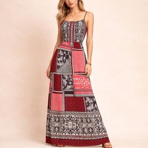 Renee C. Patchwork Print Maxi Dress in Red and Black